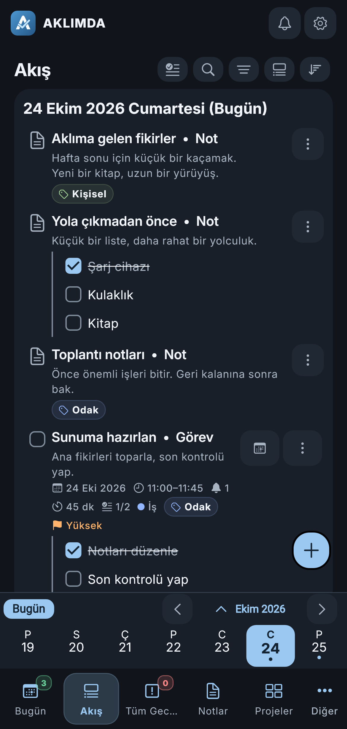 Görevleri gün gün gösteren Akış ekranı