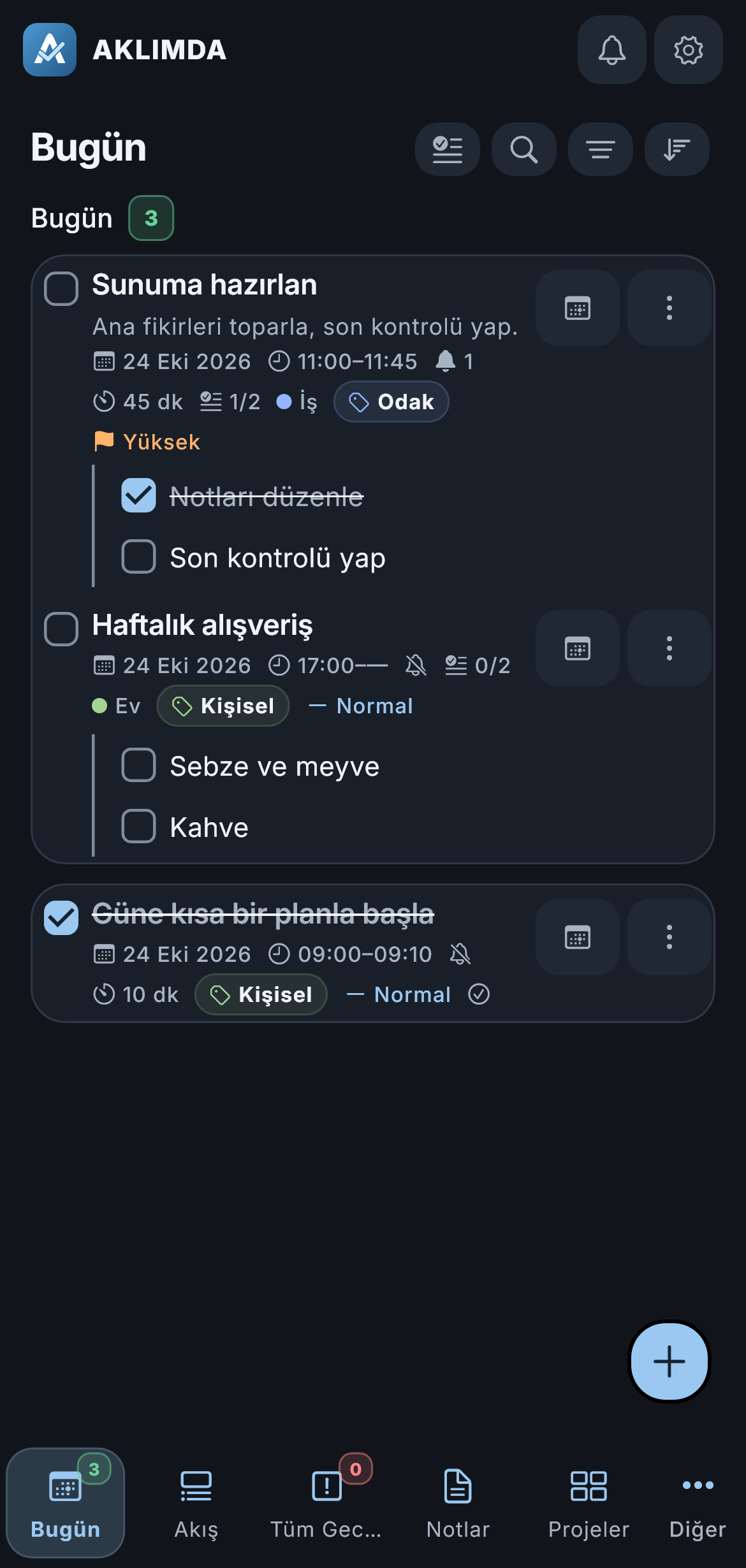 AKLIMDA mobil Bugün ekranı